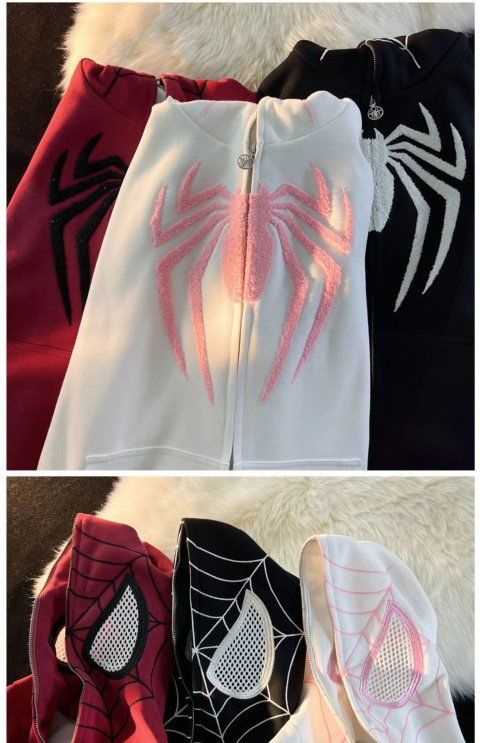 Cute Spider Retro Embroidered Matching Zipper Hoodie