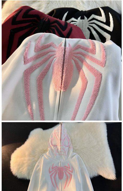 Cute Spider Retro Embroidered Matching Zipper Hoodie