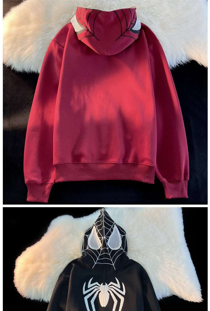 Cute Spider Retro Embroidered Matching Zipper Hoodie