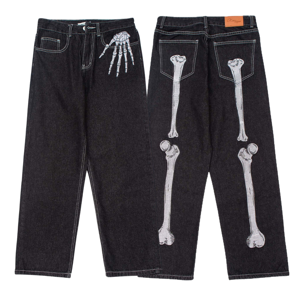 Streetwear dark-style bone print jean 