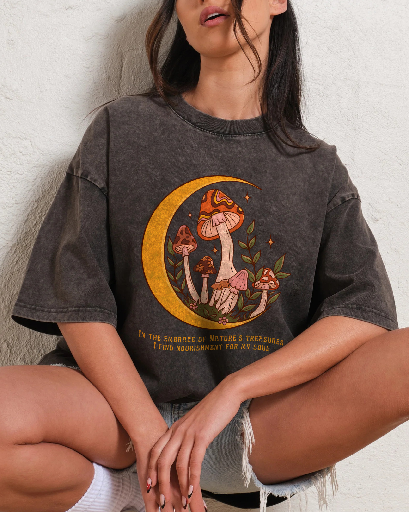 Washed T-Shirt | Unisex Fit Mushroom Forest Graphic Tee | TIDESENCE