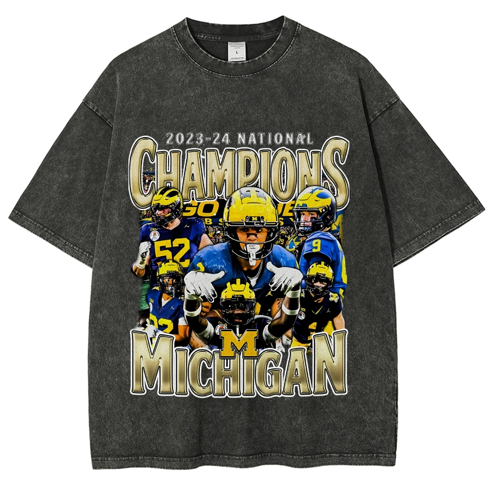 Unisex-Adult Ultra Cotton Washed T-Shirt Graphic  2023-24 NATIONAL CHAMPS - MICHIGAN V1 TEE 