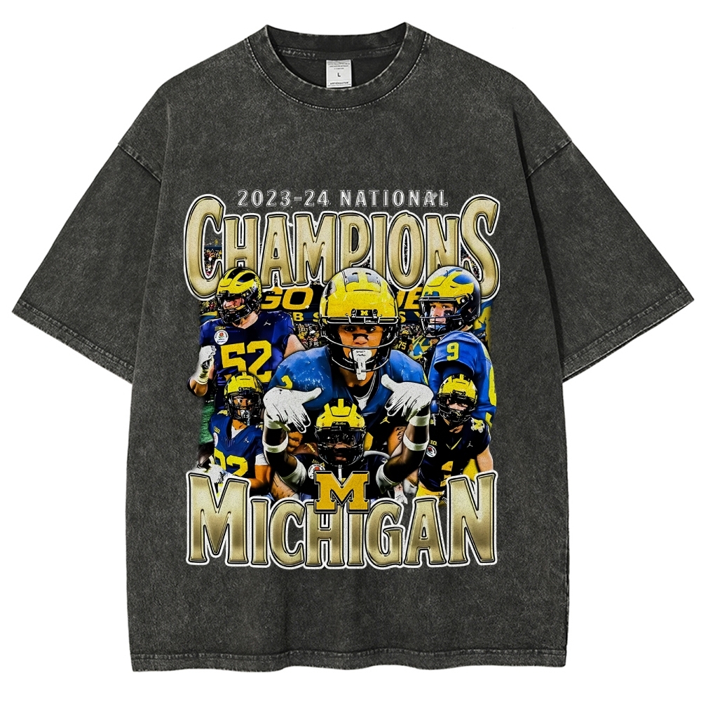 Unisex-Adult Ultra Cotton Washed T-Shirt Graphic 2023-24 NATIONAL CHAMPS - MICHIGAN V1 TEE