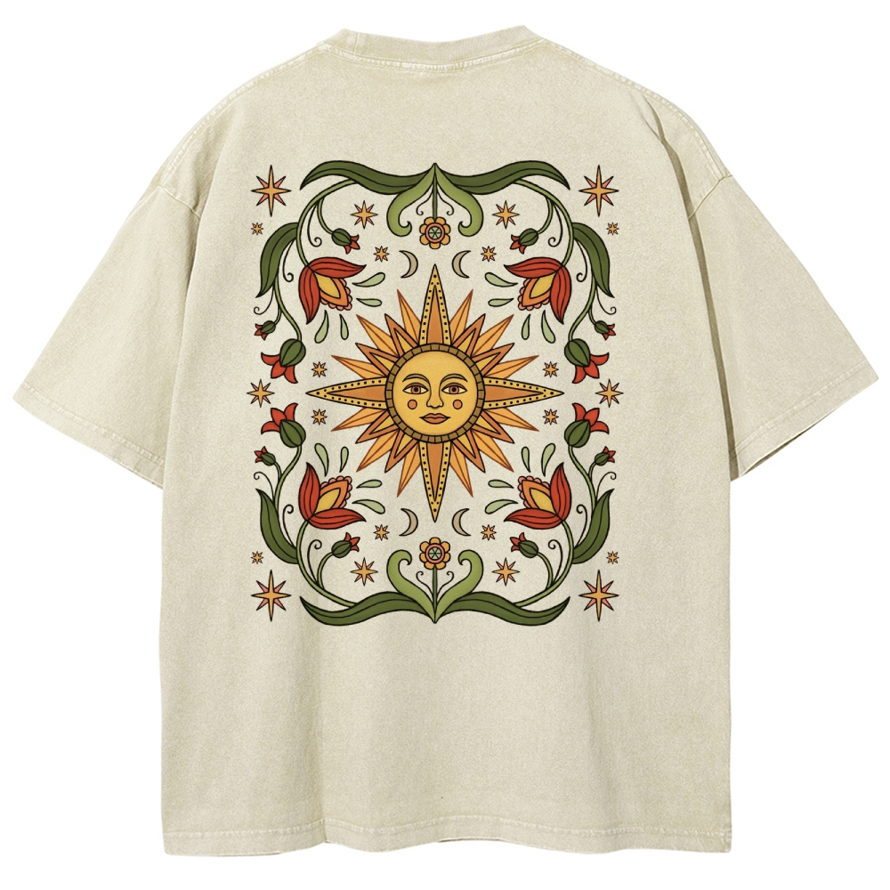 Washed T-Shirt | Hippie Sun Casual Short Sleeve | TIDESENCE