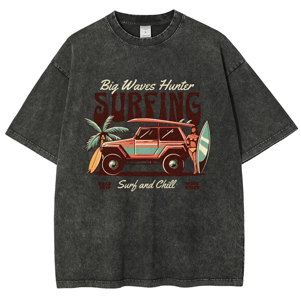 Washed T-Shirt | Surfing Adventure Unisex Fit Waves Hunter | TIDESENCE