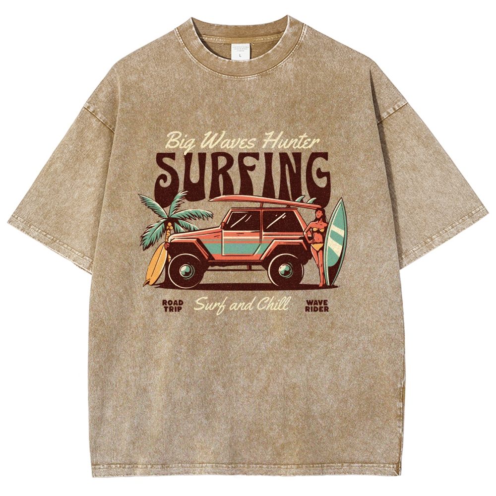 Washed T-Shirt | Surfing Adventure Unisex Fit Waves Hunter | TIDESENCE