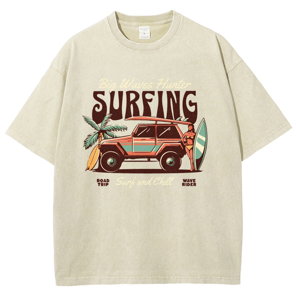 Washed T-Shirt | Surfing Adventure Unisex Fit Waves Hunter | TIDESENCE