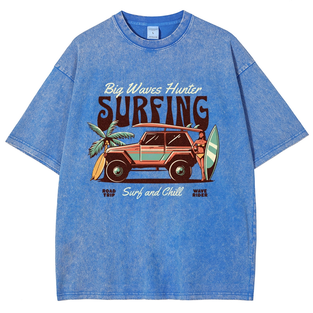 Washed T-Shirt | Surfing Adventure Unisex Fit Waves Hunter | TIDESENCE