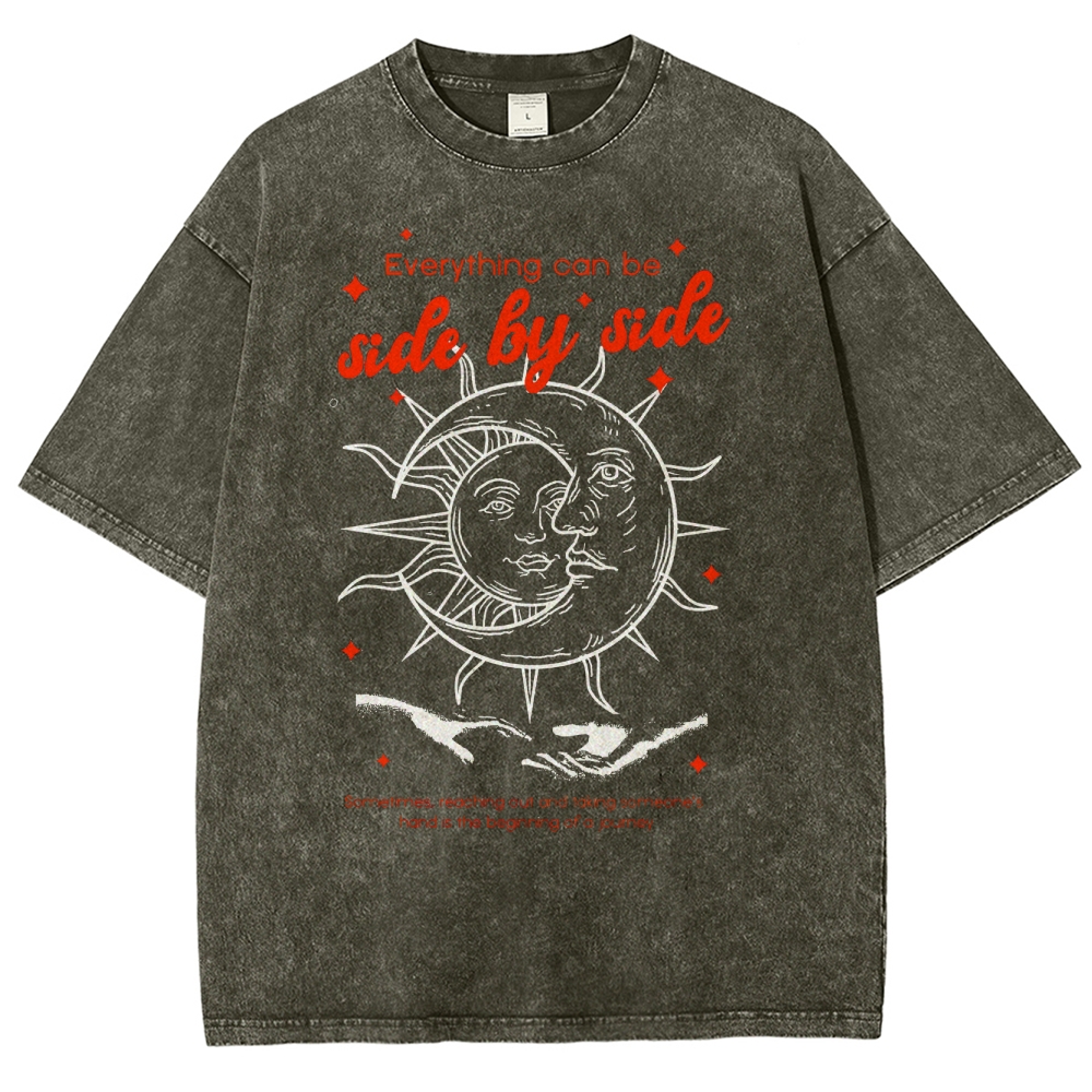 Washed T-Shirt | Hippie Sun & Moon Unisex Fit TEE | TIDESENCE