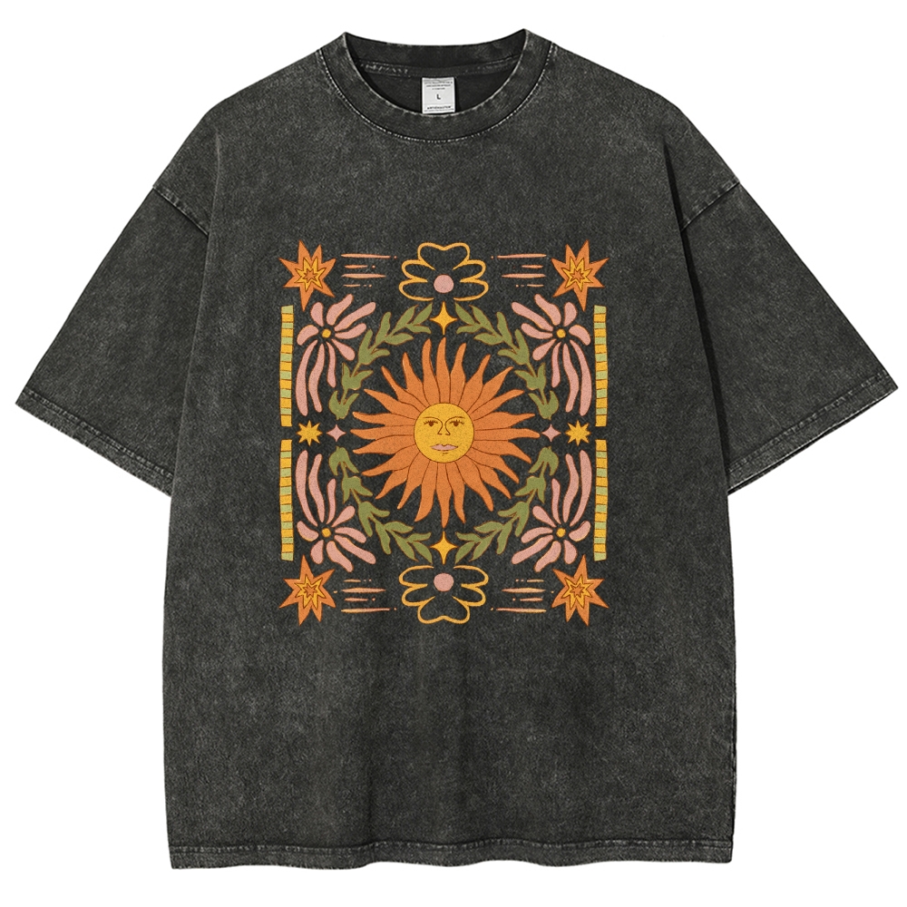 Washed T-Shirt | Unisex Fit Hippie Sun Graphic Tee | TIDESENCE