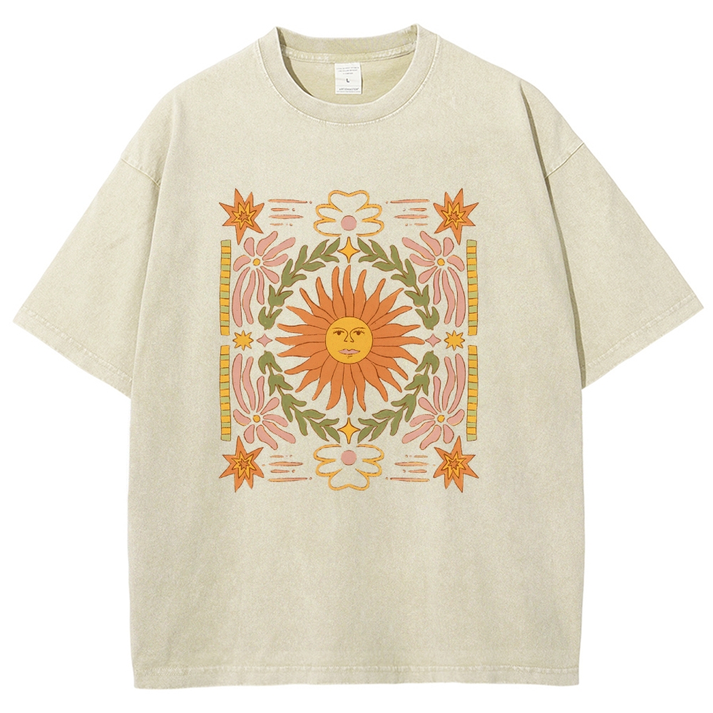 Washed T-Shirt | Unisex Fit Hippie Sun Graphic Tee | TIDESENCE