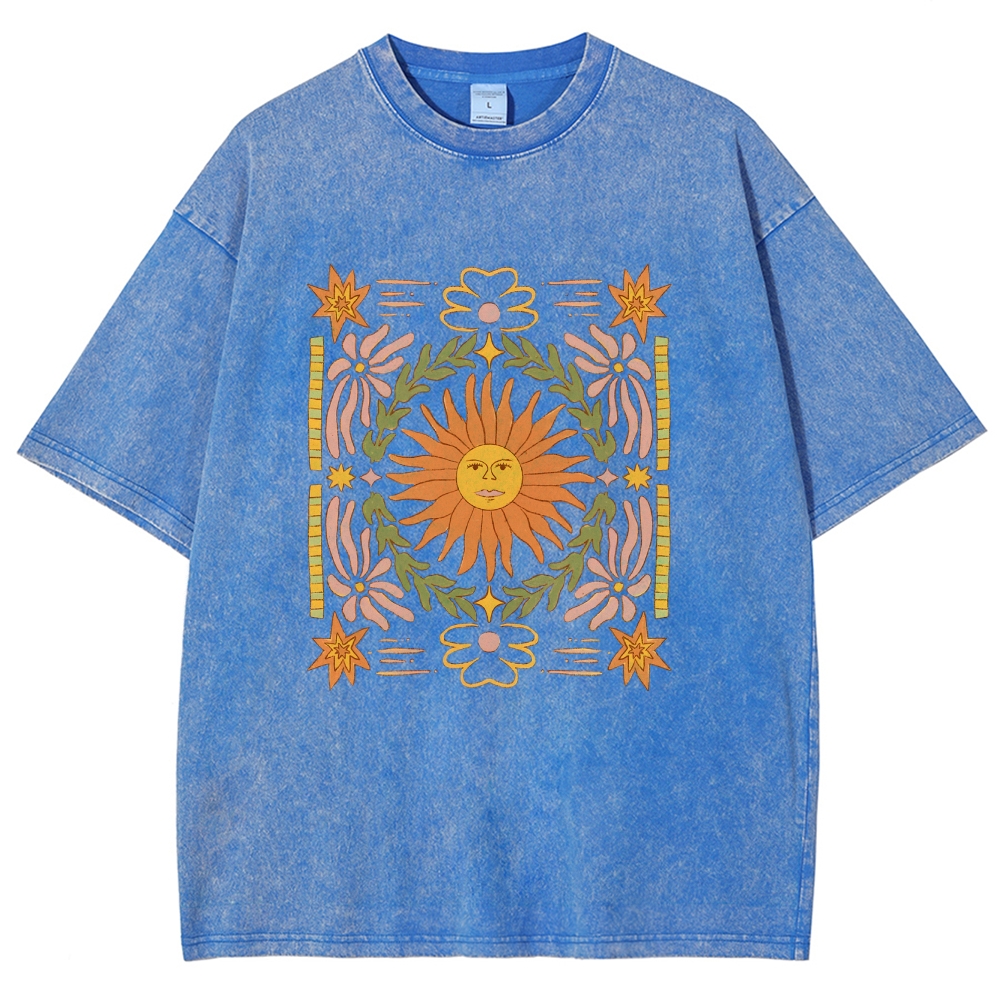 Washed T-Shirt | Unisex Fit Hippie Sun Graphic Tee | TIDESENCE