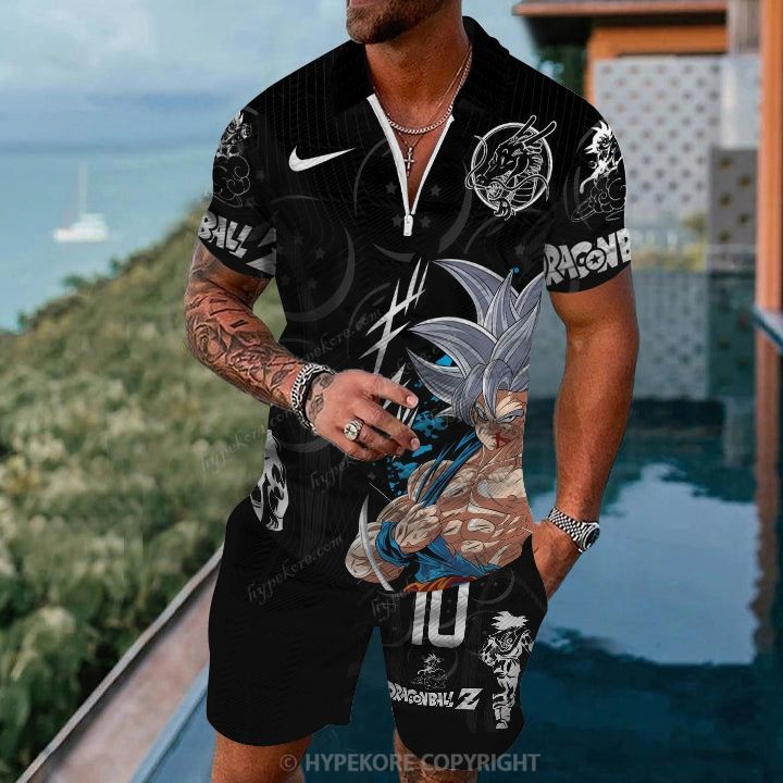 dragon ball Men's Zip Polo Board Shorts Set