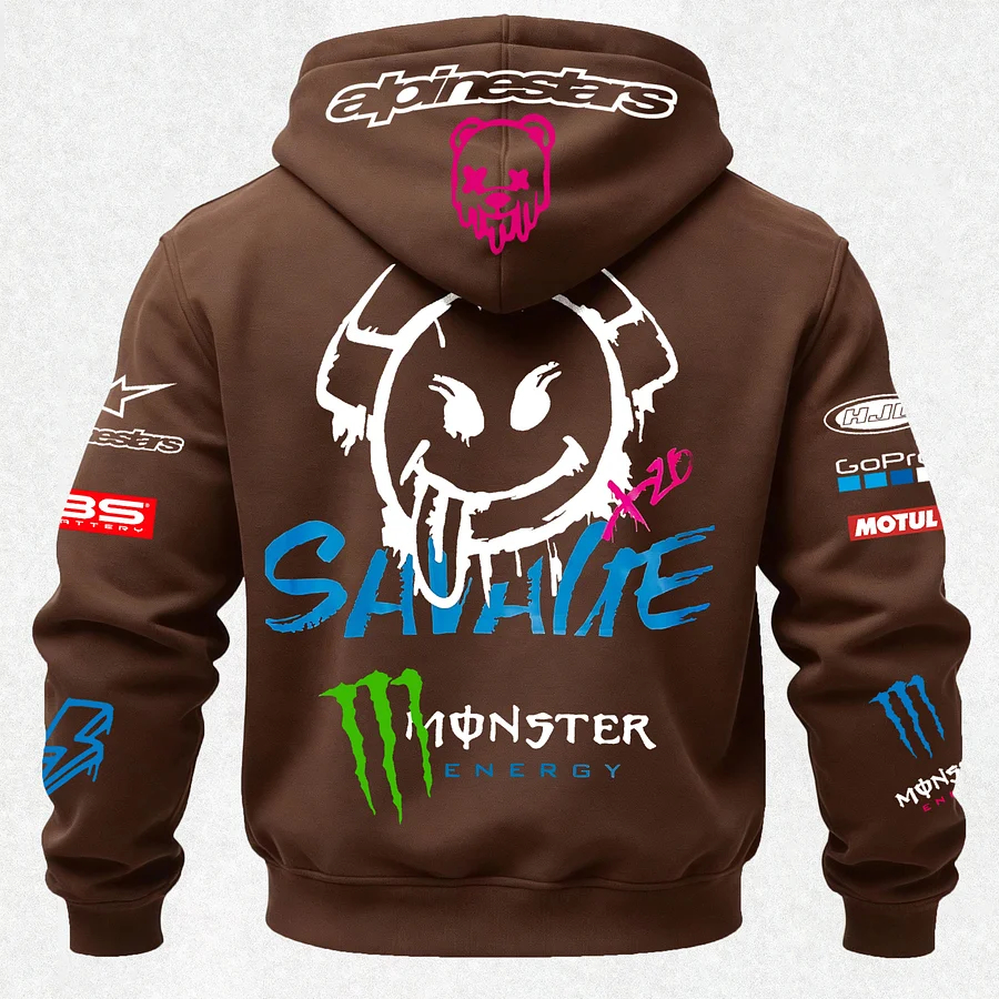 Monster Energy Savage Alpinestars Printed Zippered Hooded Fleece Cardigan