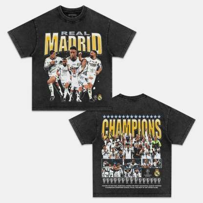 Unisex-Adult Ultra Cotton Washed T-Shirt Graphic 2024 UCL CHAMPS - REAL MADRID TEE 