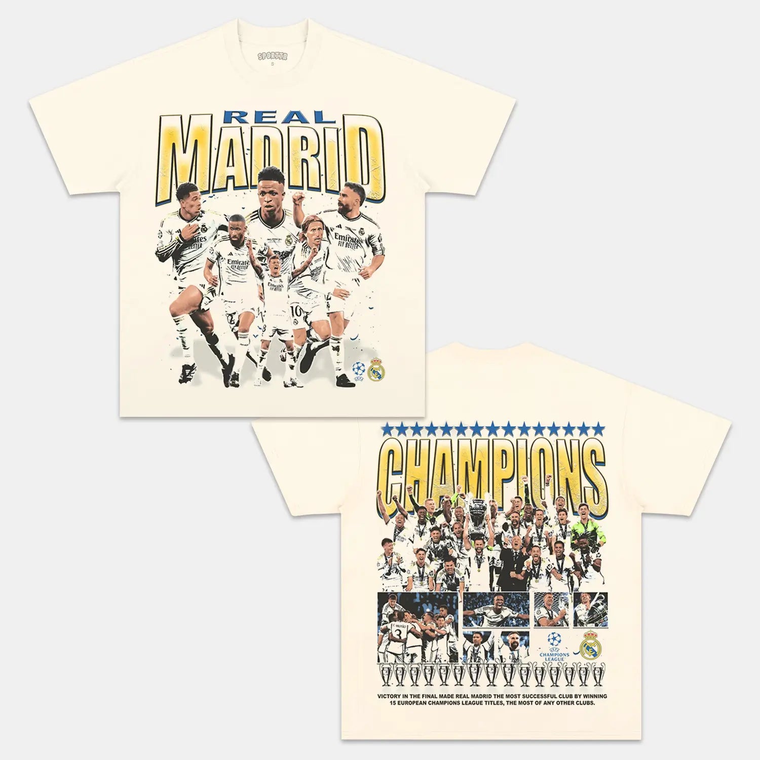 Unisex-Adult Ultra Cotton Washed T-Shirt Graphic 2024 UCL CHAMPS - REAL MADRID TEE 