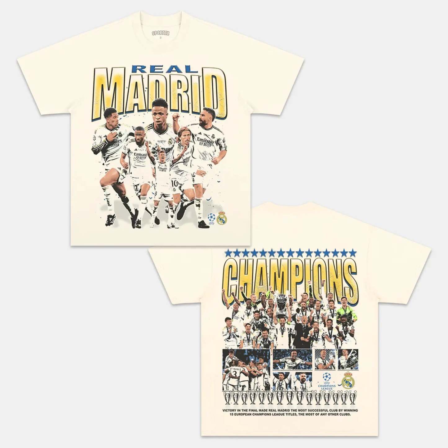 Unisex-Adult Ultra Cotton Washed T-Shirt Graphic 2024 UCL CHAMPS - REAL MADRID TEE 
