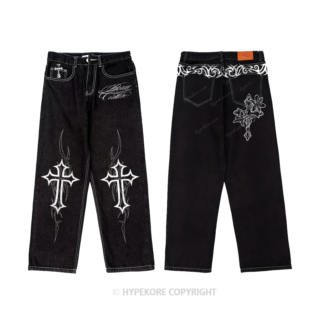 cross vintage print washed denim jeans