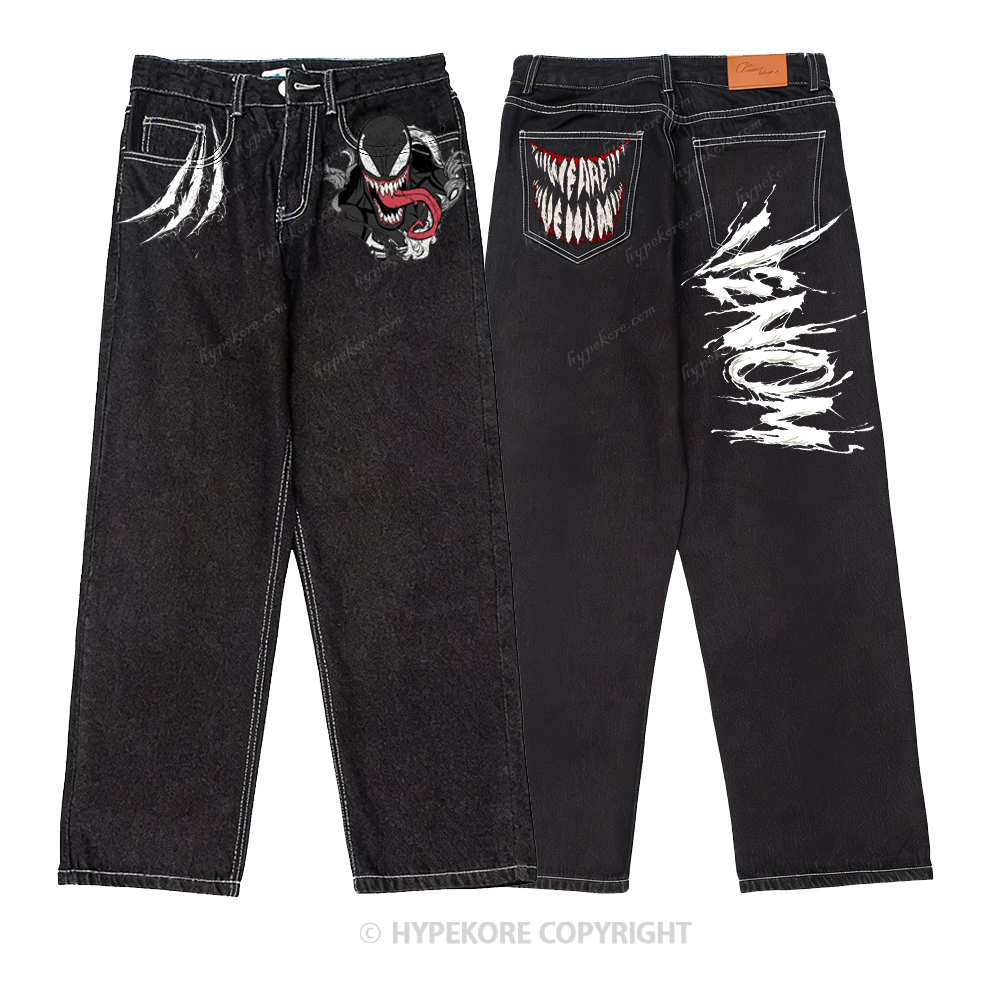 venom print washed jeans