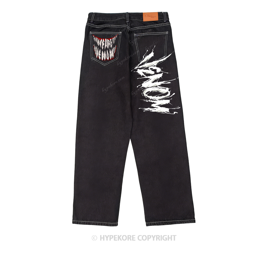 venom print washed jeans