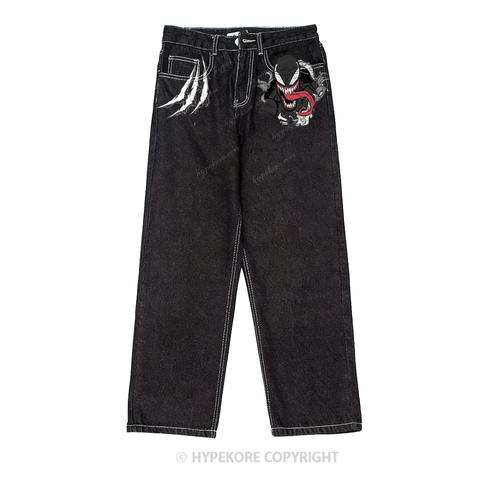 venom print washed jeans