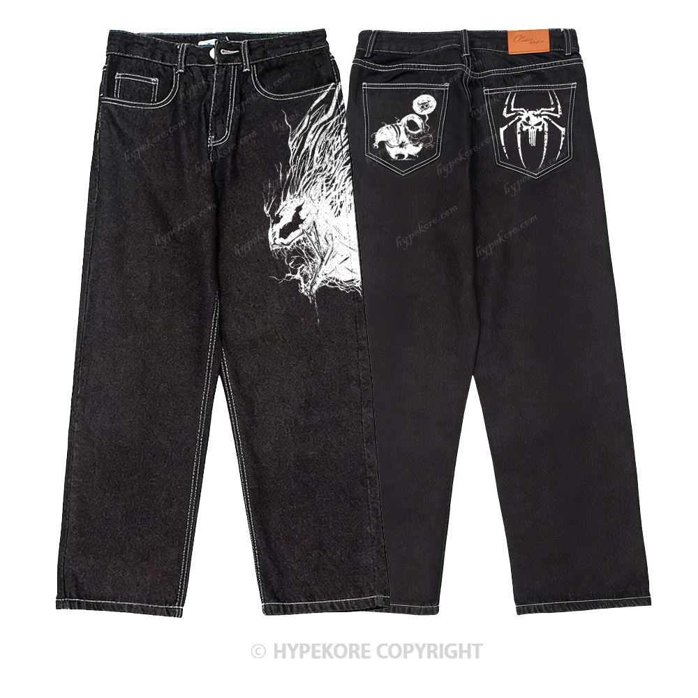 venom print washed jeans