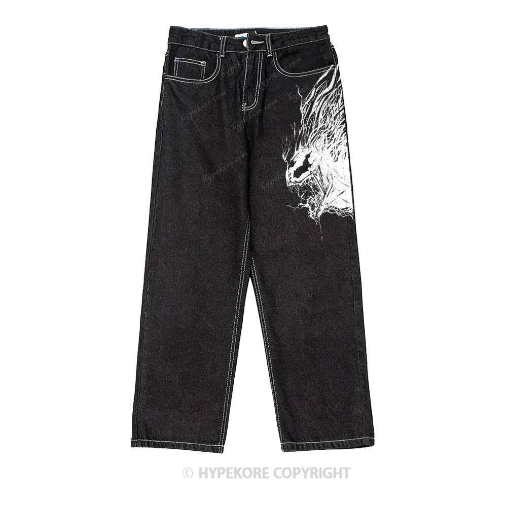 venom print washed jeans