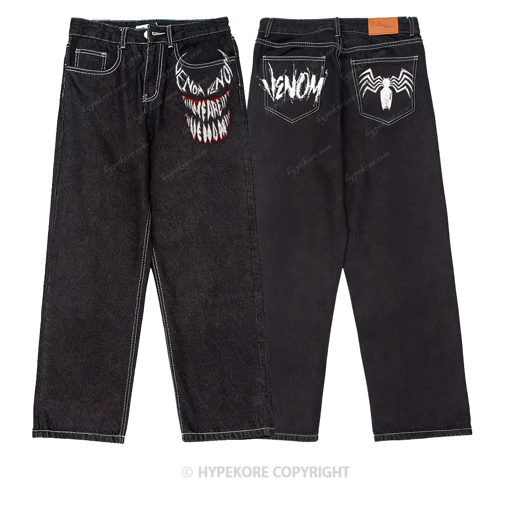 venom print washed jeans