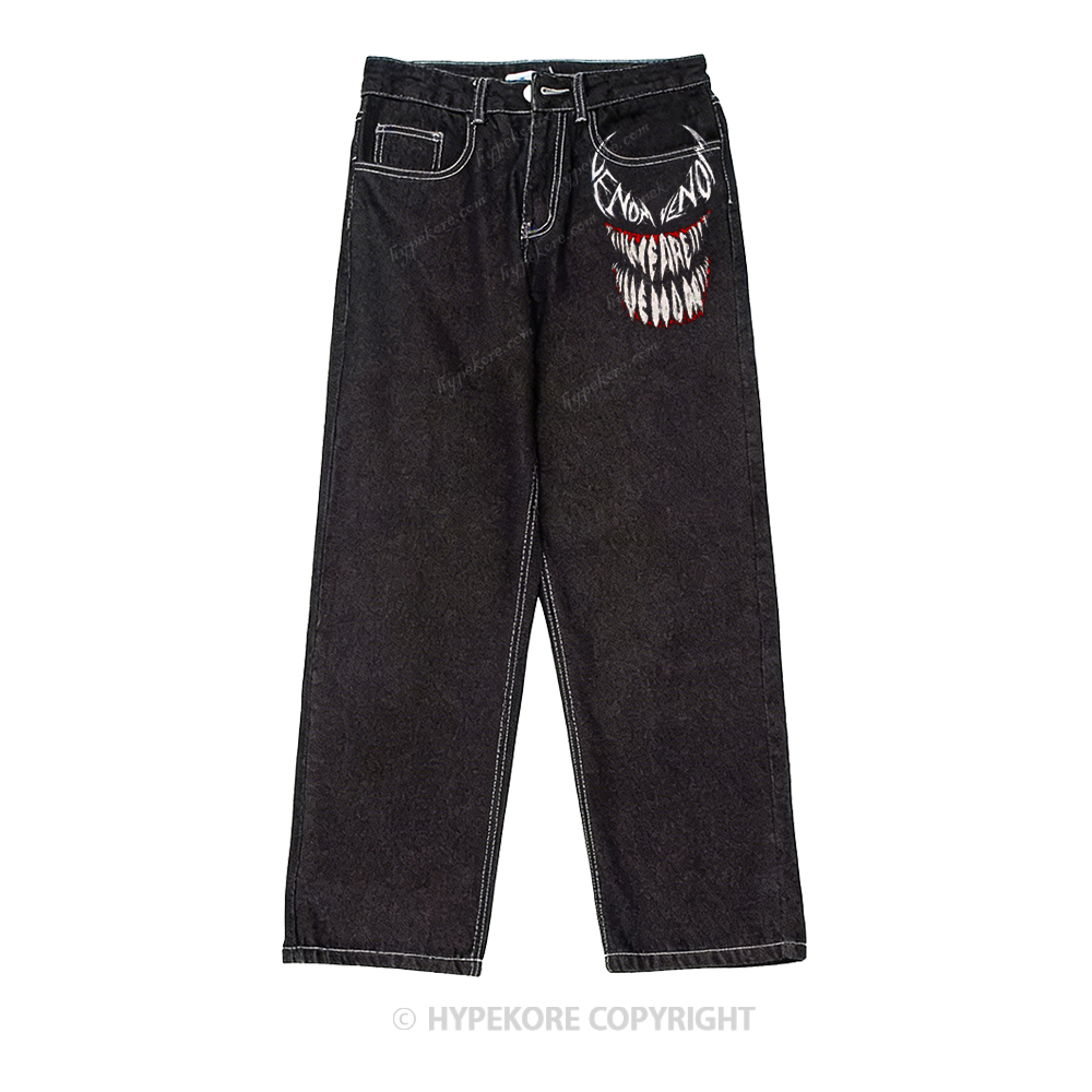 venom print washed jeans