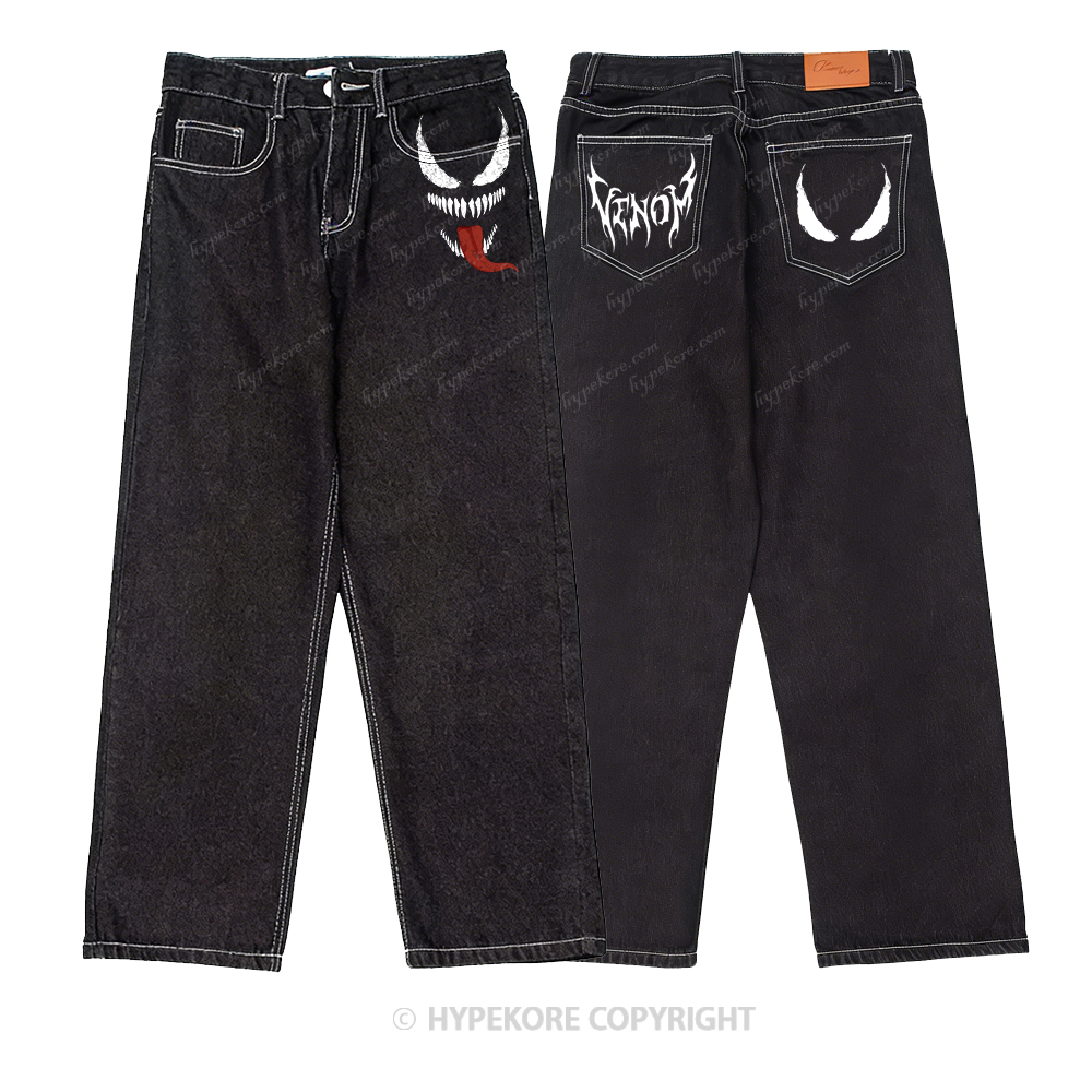 venom print washed jeans