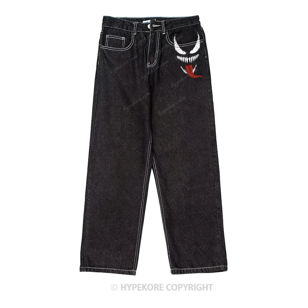 venom print washed jeans
