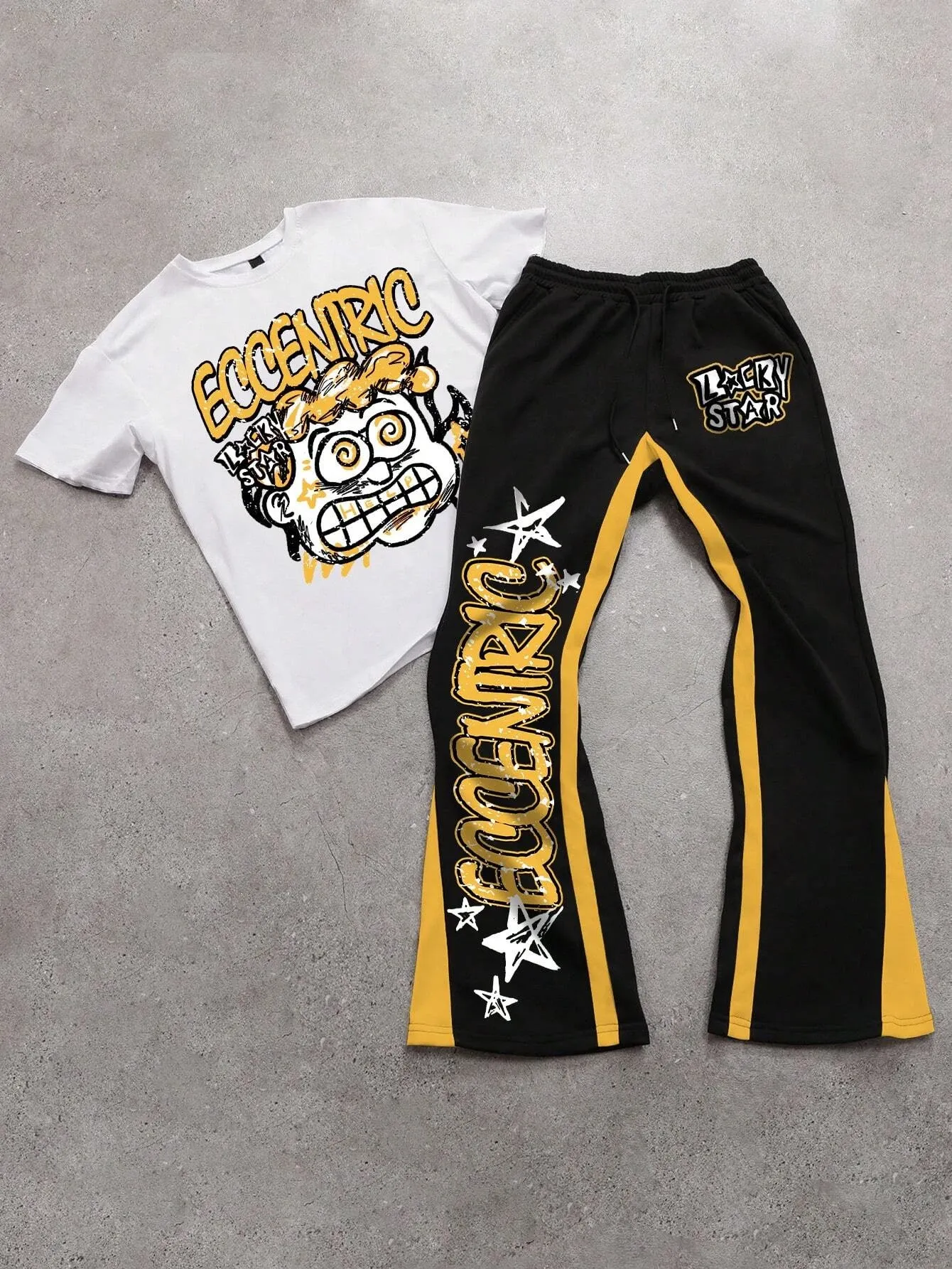 Vintage Manfinity EMRG Letter Cartoon Printed Short-sleeved Two Piece Set