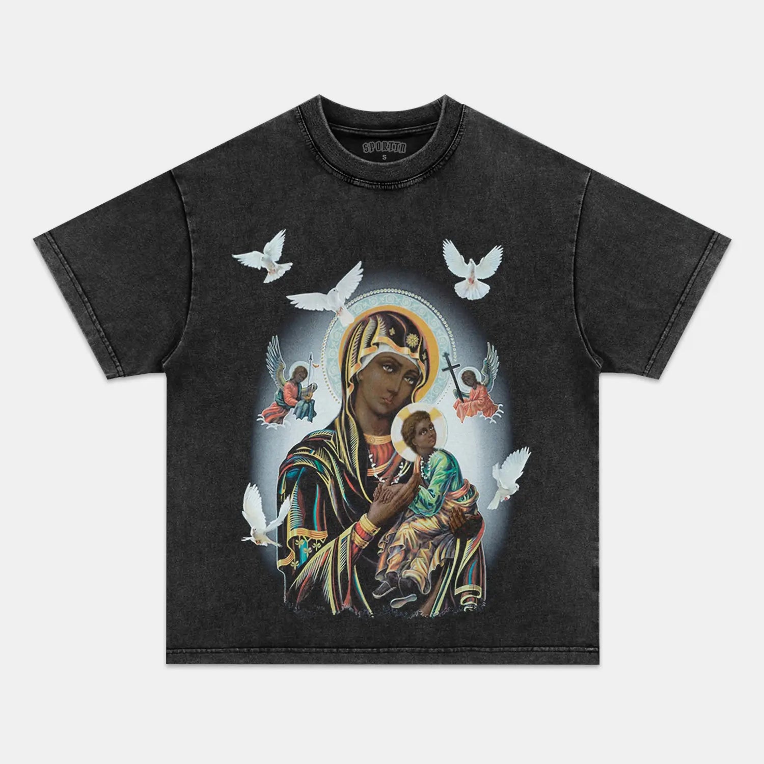 Unisex-Adult Ultra Cotton Washed T-Shirt Graphic BLACK MADONNA AND CHILD TEE 