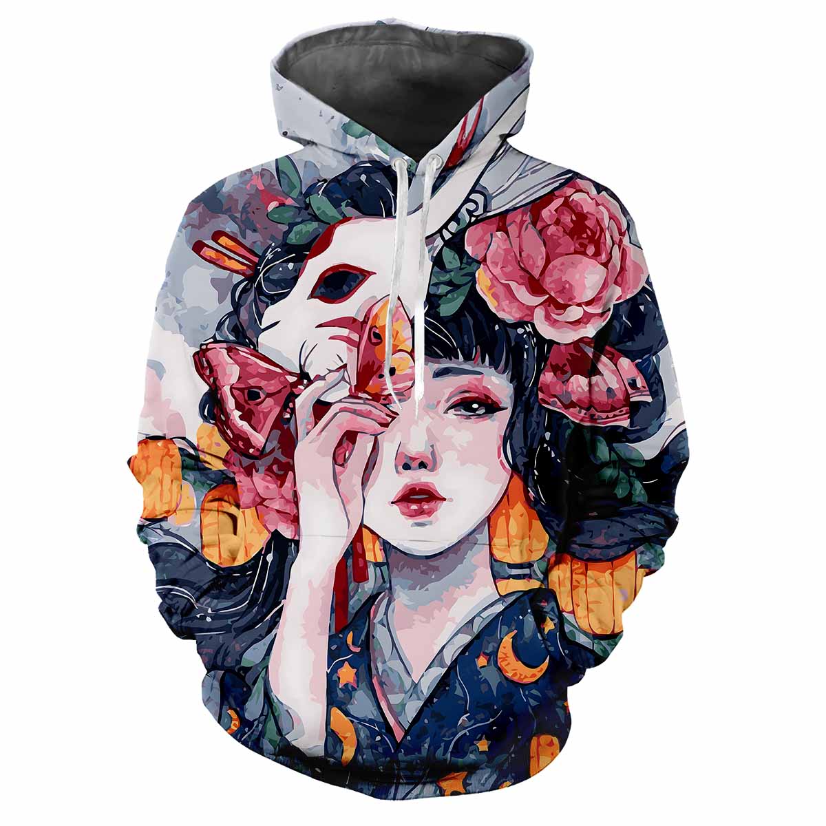 Japanese Kabuki 3D Harajuku Printed Cartoon Anime Cool Fashion Avant-garde Men's Women's Soft And Comfortable Trendy Hoodie 