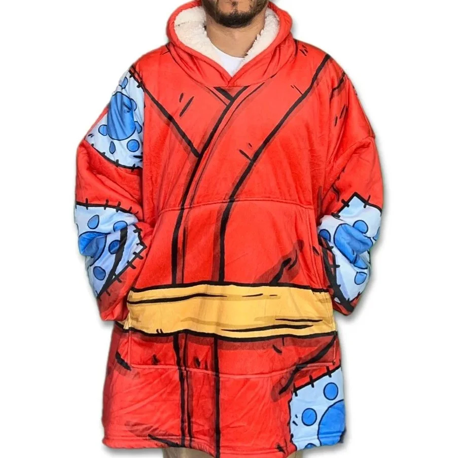 Unisex Anime One Piece Luffy Blanket Hooded Flannel Blanket Pajamas