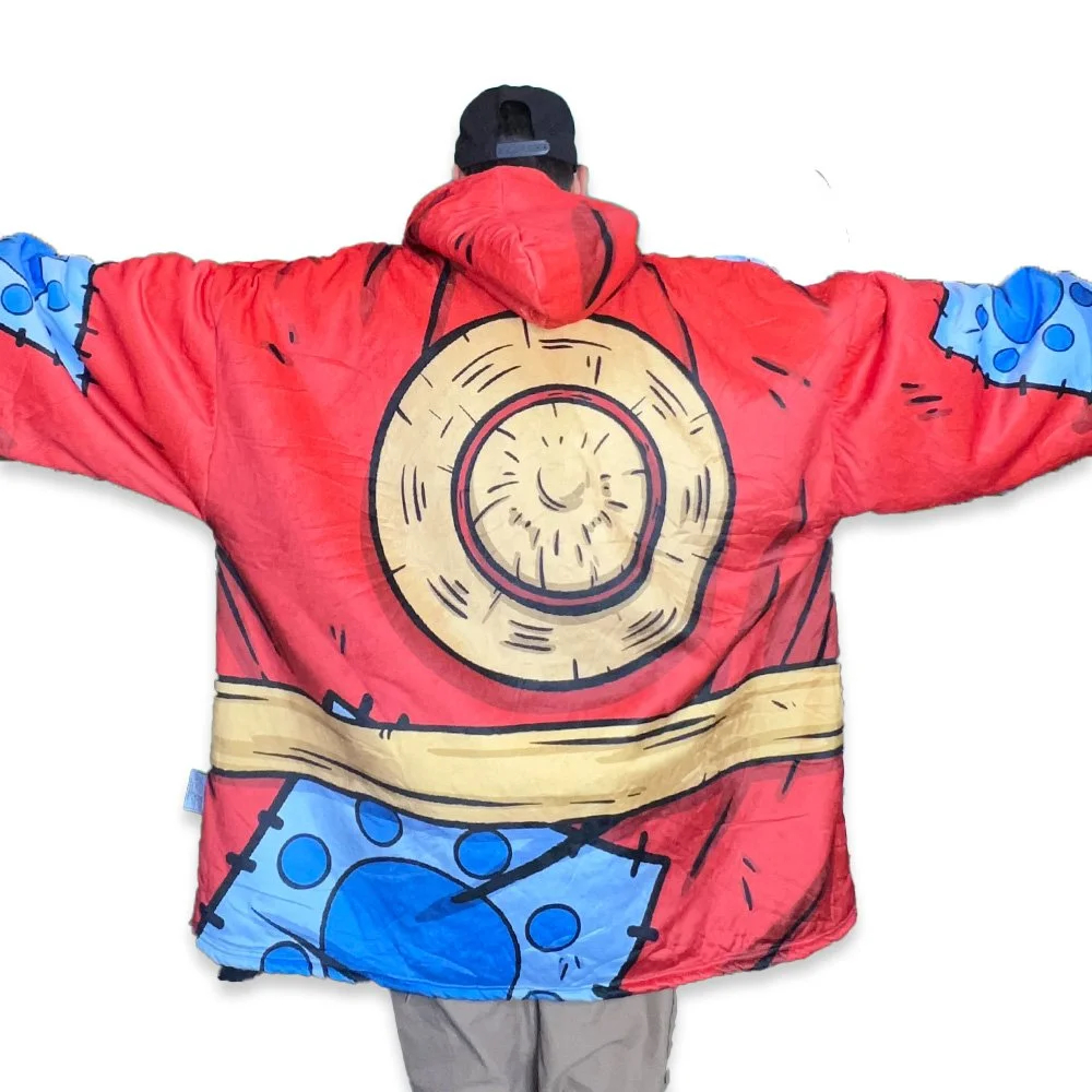 Unisex Anime One Piece Luffy Blanket Hooded Flannel Blanket Pajamas