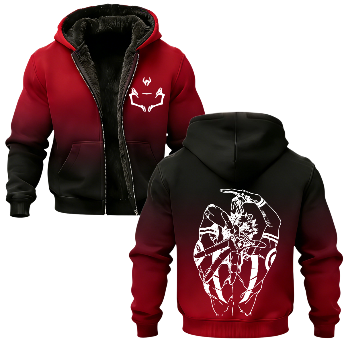 Ryomen Sukuna Jujutsu Kaisen Printed Zippered Hooded Fleece Cardigan