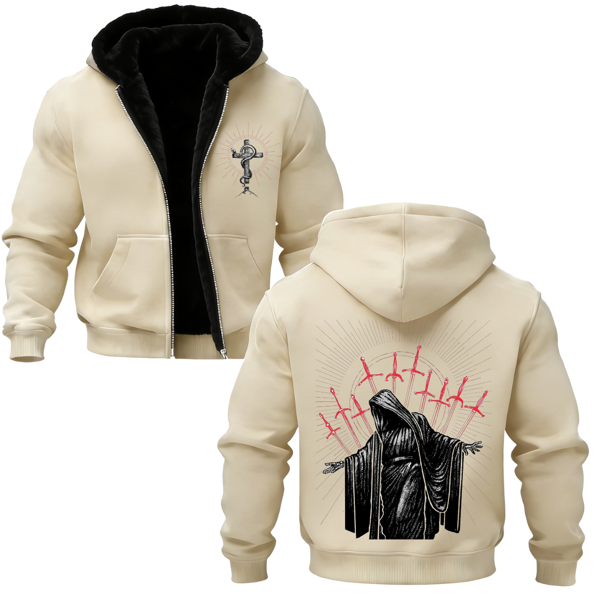 betray Printed Zippered Hooded Fleece Cardigan