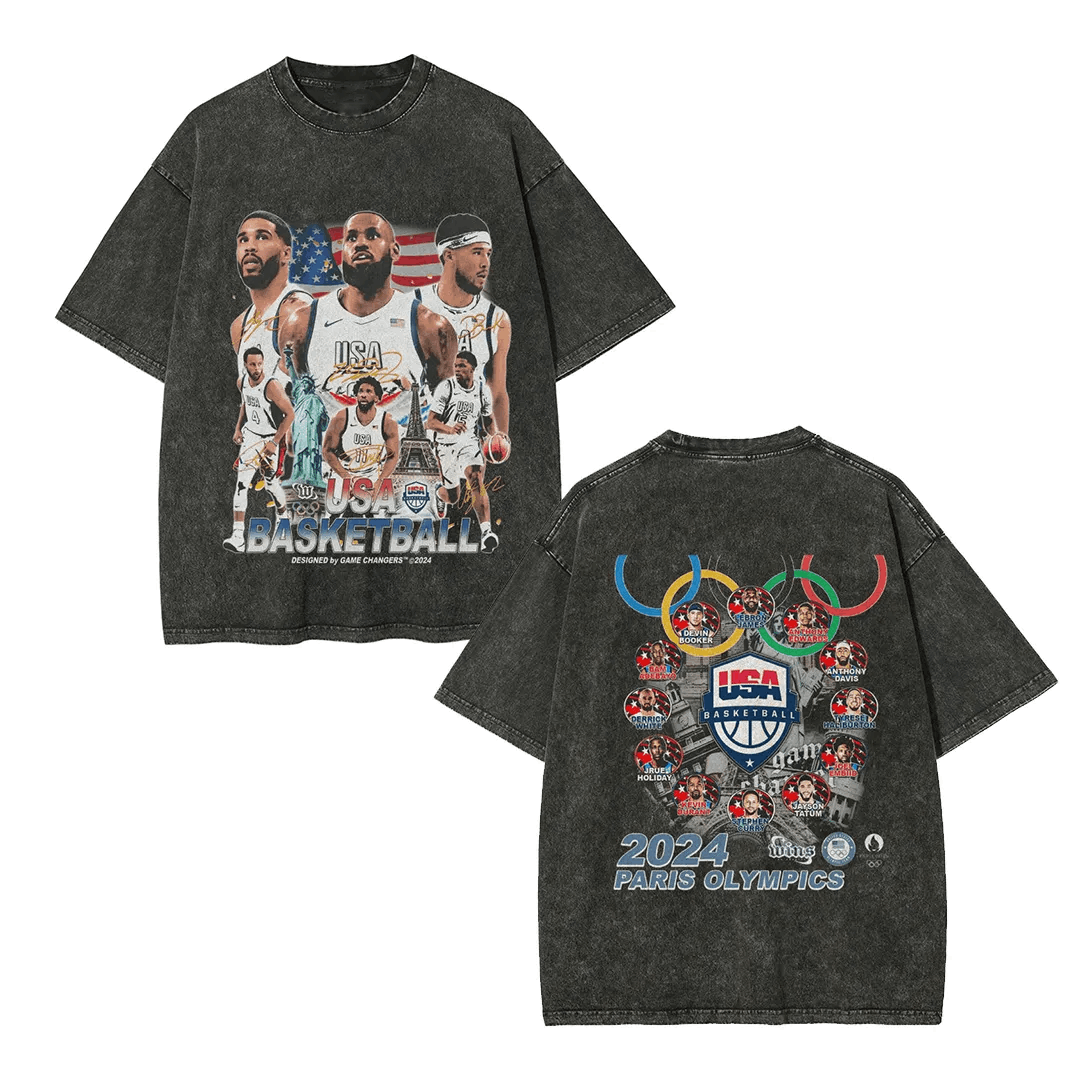 Unisex-Adult Ultra Cotton Washed T-Shirt Graphic 2024 USA BASKETBALL TEE