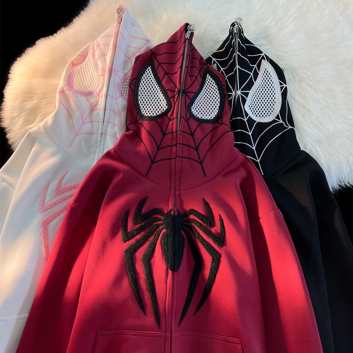 Cute Spider Retro Embroidered Matching Zipper Hoodie