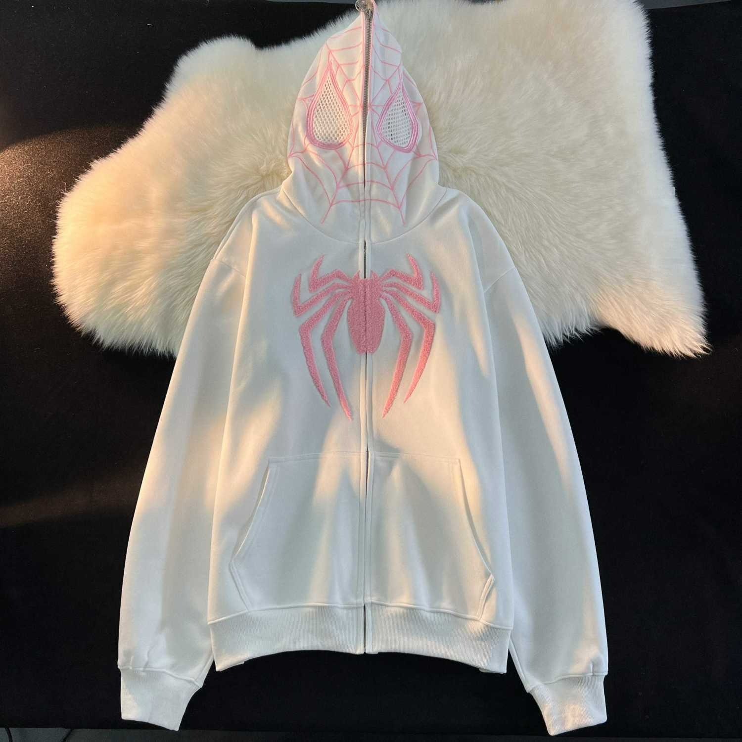 Cute Spider Retro Embroidered Matching Zipper Hoodie