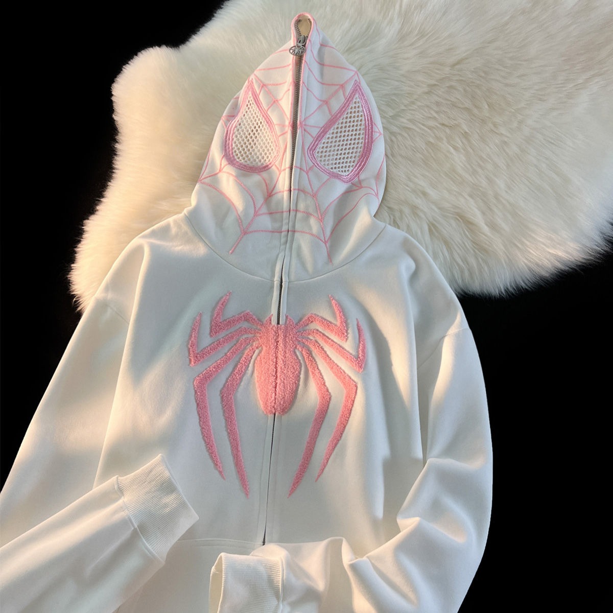 Cute Spider Retro Embroidered Matching Zipper Hoodie