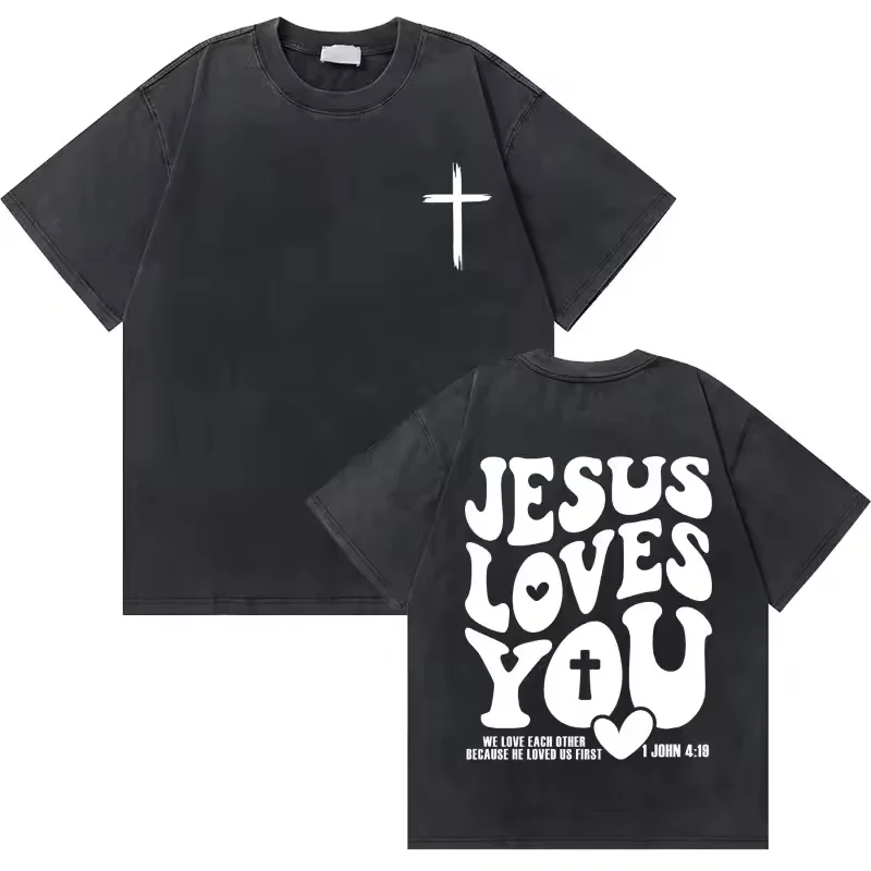 Washed Vintage Christian Jesus Good News God Loves You Bible Verse Graphic T-shirts Men Women Fashion Casual Oversized T Shirt