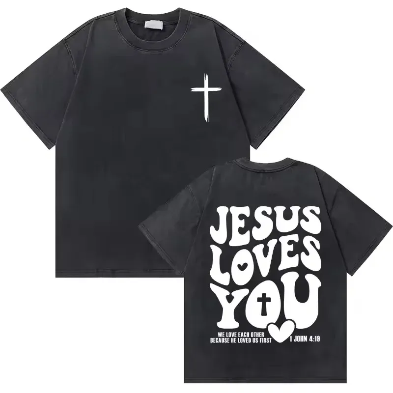 Washed Vintage Christian Jesus Good News God Loves You Bible Verse Graphic T-shirts Men Women Fashion Casual Oversized T Shirt