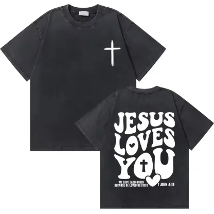 Washed Vintage Christian Jesus Good News God Loves You Bible Verse Graphic T-shirts Men Women Fashion Casual Oversized T Shirt