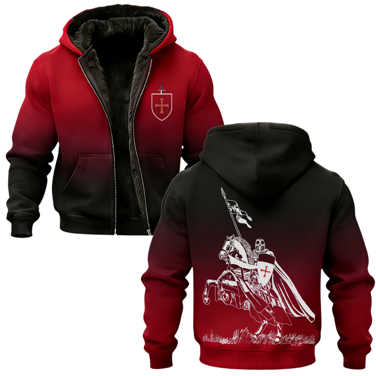 Knights Templar Crusader Banner Printed Zippered Hooded Fleece Cardigan