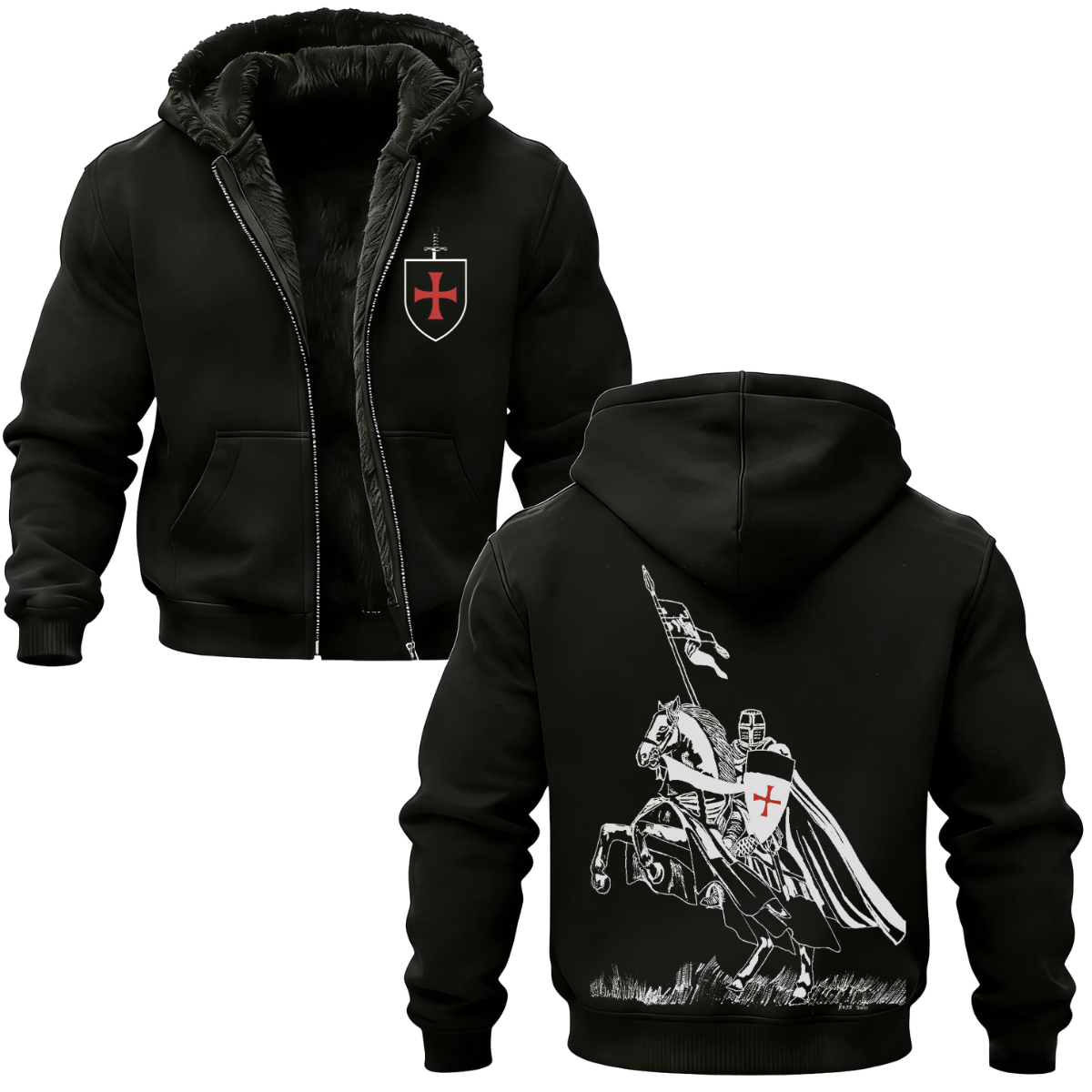 Knights Templar Crusader Banner Printed Zippered Hooded Fleece Cardigan