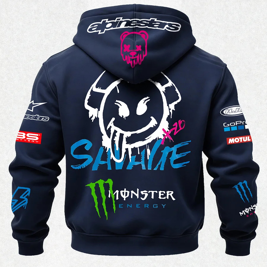Monster Energy Savage Alpinestars Printed Zippered Hooded Fleece Cardigan