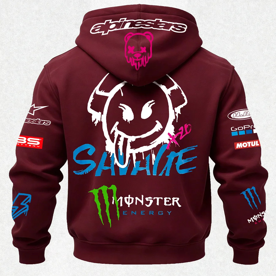 Monster Energy Savage Alpinestars Printed Zippered Hooded Fleece Cardigan