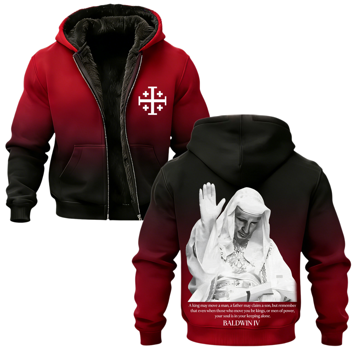 Baldwin IV Vintage Printed Zippered Hooded Fleece Cardigan 